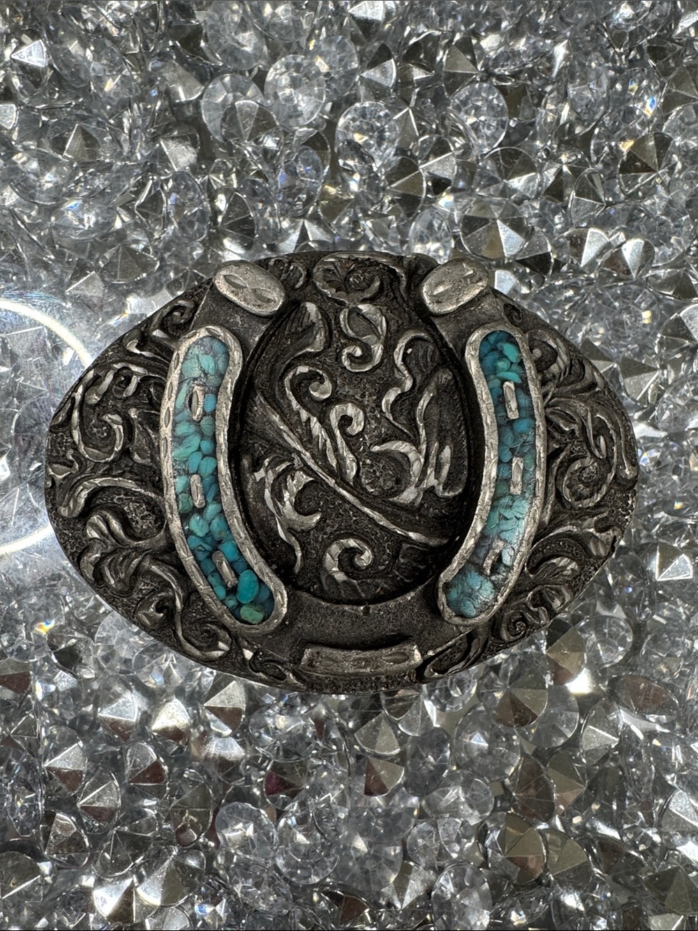 EJC vintage Turquoise Inlay Horseshoe Beltbuckle— Silver-Tone Western Accent